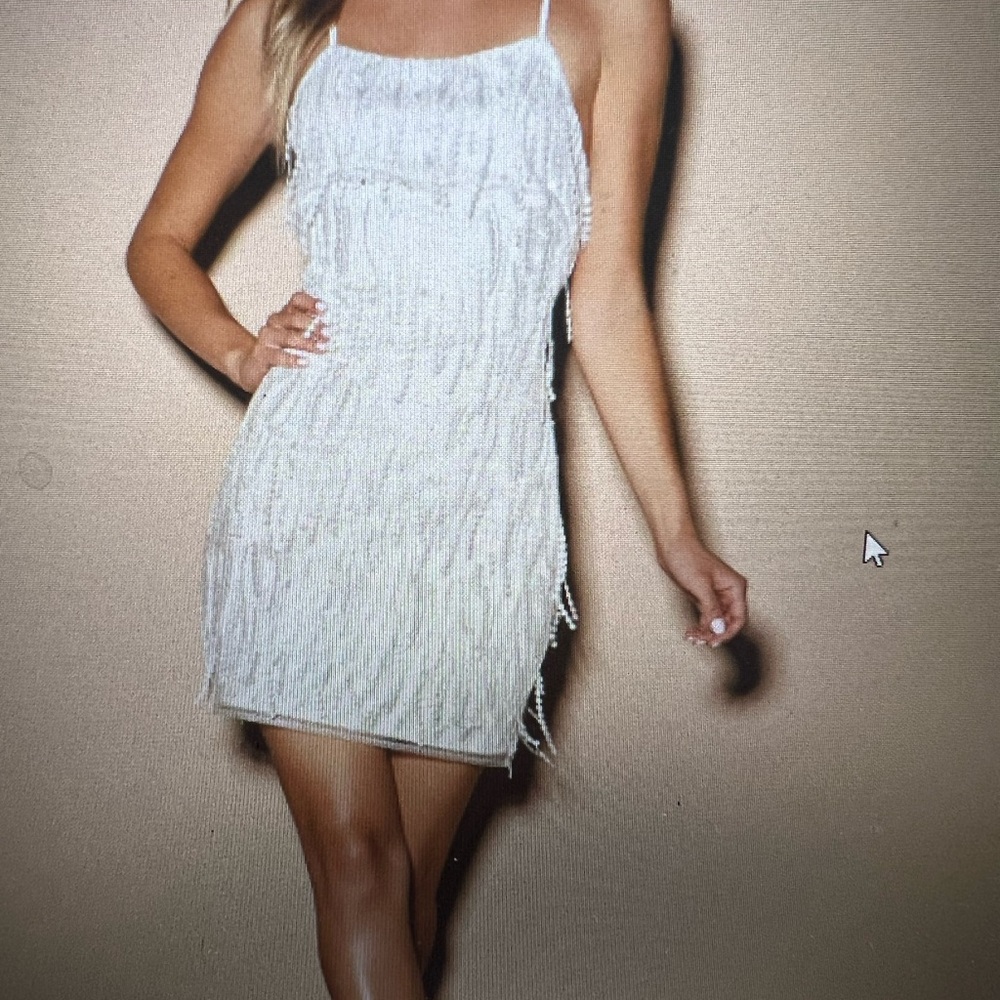Lulus “Making magic white fringe lace up mini dress”